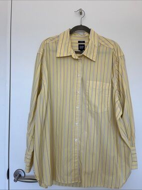 GAP women’s Yellow Striped Button-Down Big Shirt with Blue & White stripes